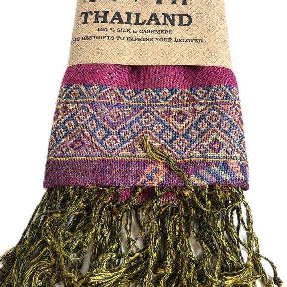 Silk Cashmere Scarf Pink Pashmina Thailand Gold Embossed Elephant Lucky Romantic - Picture 8 of 8